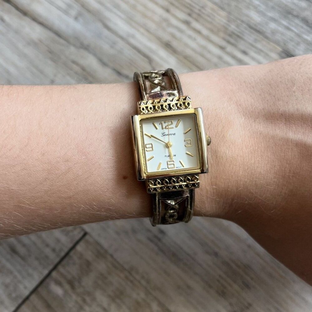 Geneva Vintage Hinge Watch Cuff Gold Quartz Antique White Face